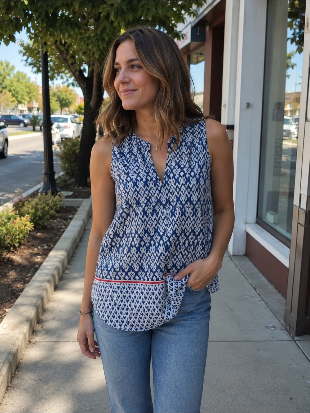Sleeveless Blue Print V-Neck Top